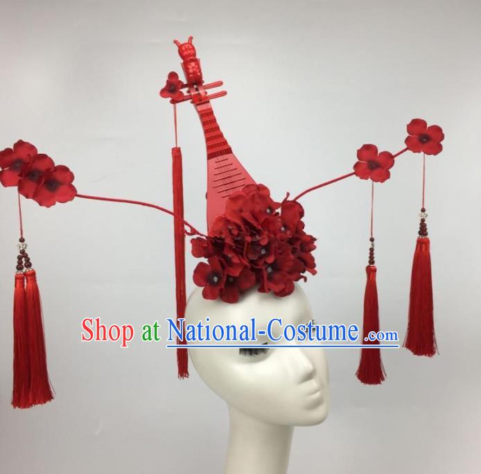 Chinese Traditional Exaggerated Headdress Palace Catwalks Red Flowers Lute Tassel Hair Accessories for Women