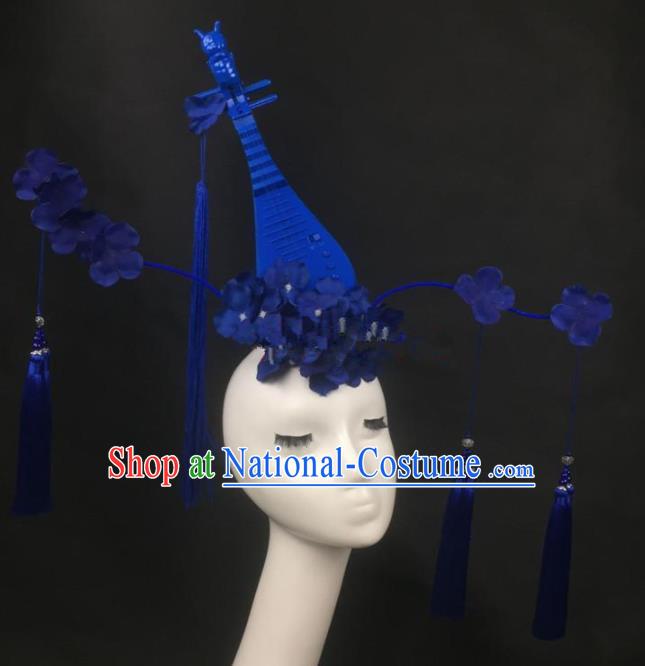 Chinese Traditional Exaggerated Headdress Palace Catwalks Blue Flowers Lute Tassel Hair Accessories for Women