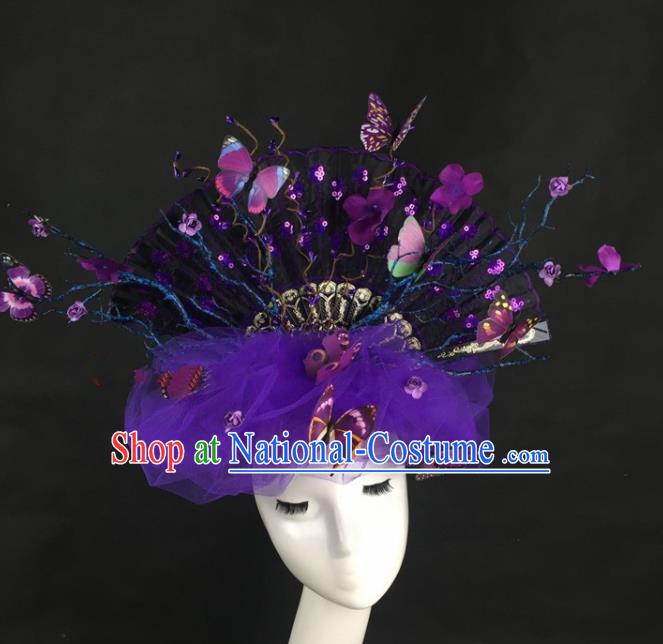 Chinese Traditional Exaggerated Headdress Palace Catwalks Purple Veil Butterfly Hair Accessories for Women