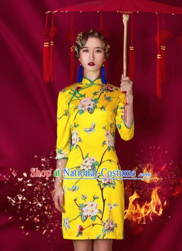 Asian Chinese National Costume Traditional Yellow Cheongsam Qipao Dress for Women