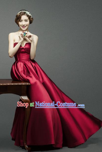 Top Grade Catwalks Costume Wine Red Satin Full Dress for Women