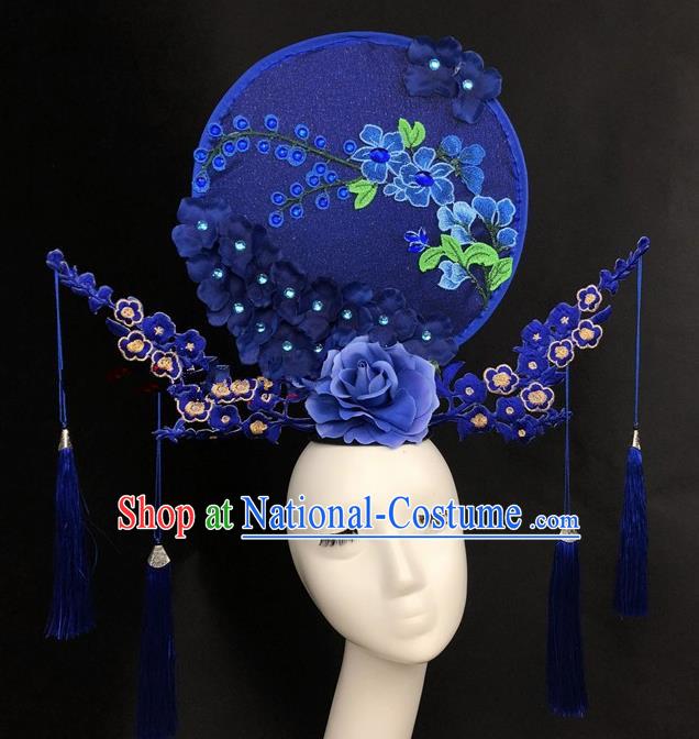 Chinese Traditional Exaggerated Headdress Catwalks Embroidered Blue Flowers Hair Accessories for Women