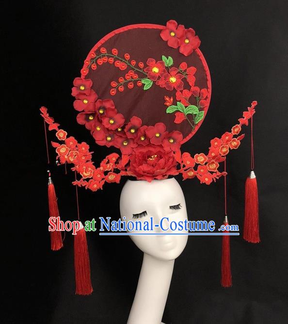 Chinese Traditional Exaggerated Headdress Catwalks Embroidered Red Flowers Hair Accessories for Women