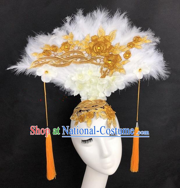 Chinese Traditional Exaggerated Headdress Catwalks White Feather Hair Accessories for Women