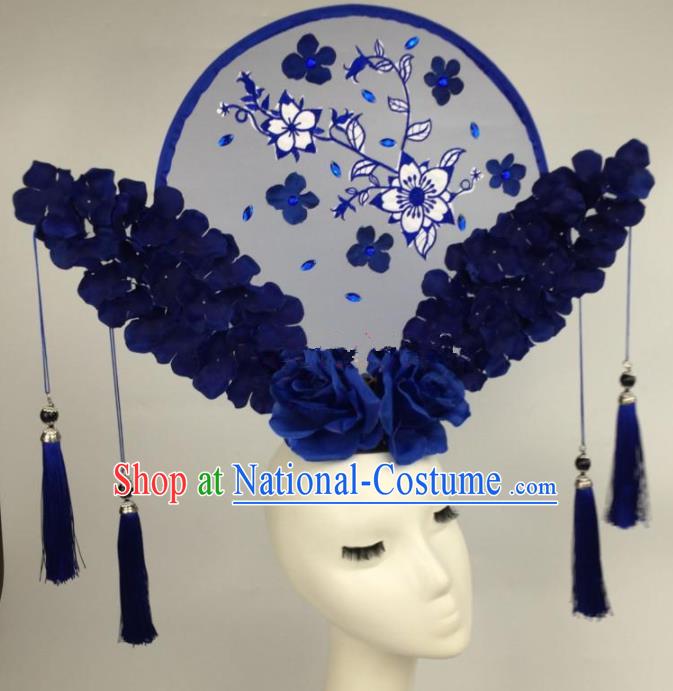 Chinese Traditional Exaggerated Palace Headdress Catwalks Blue Flowers Hair Accessories for Women