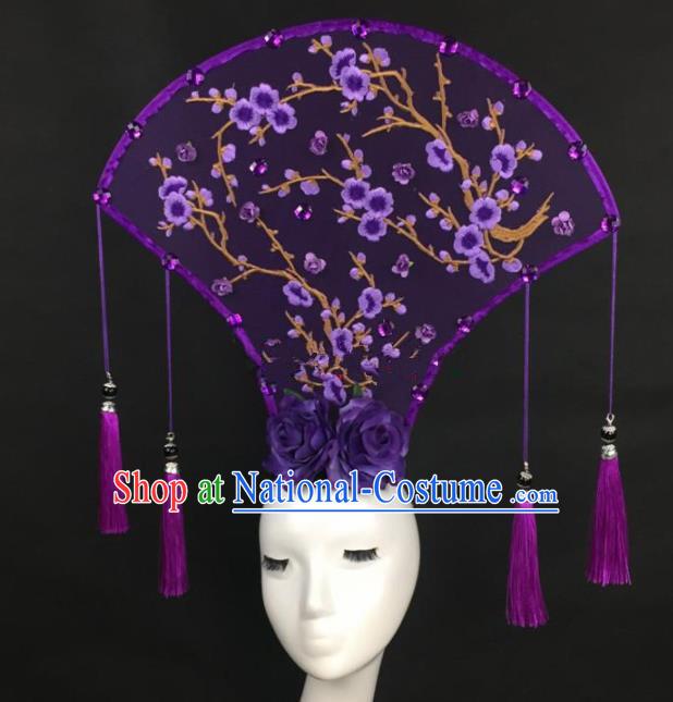 Chinese Traditional Exaggerated Palace Headdress Catwalks Purple Flowers Hair Accessories for Women