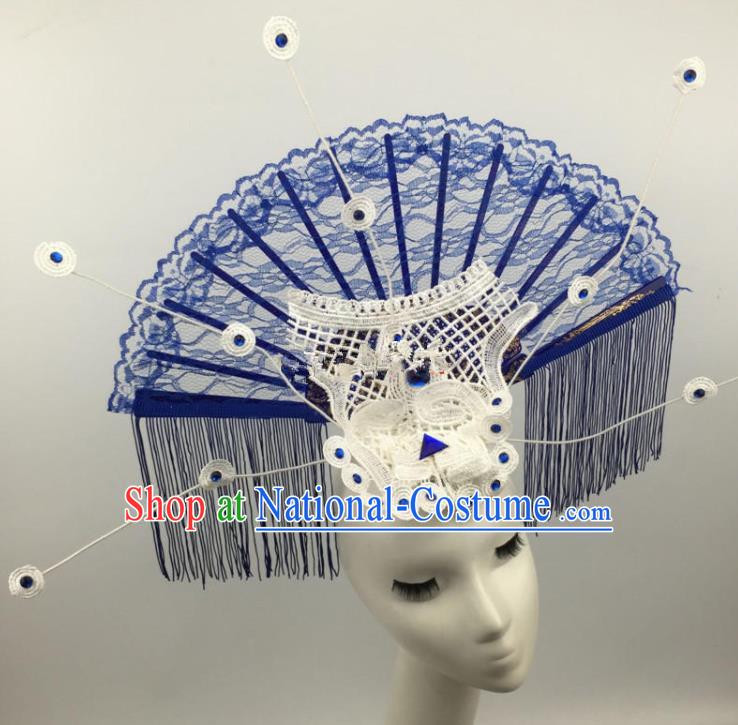 Chinese Traditional Exaggerated Palace Headdress Catwalks Blue Lace Hair Accessories for Women