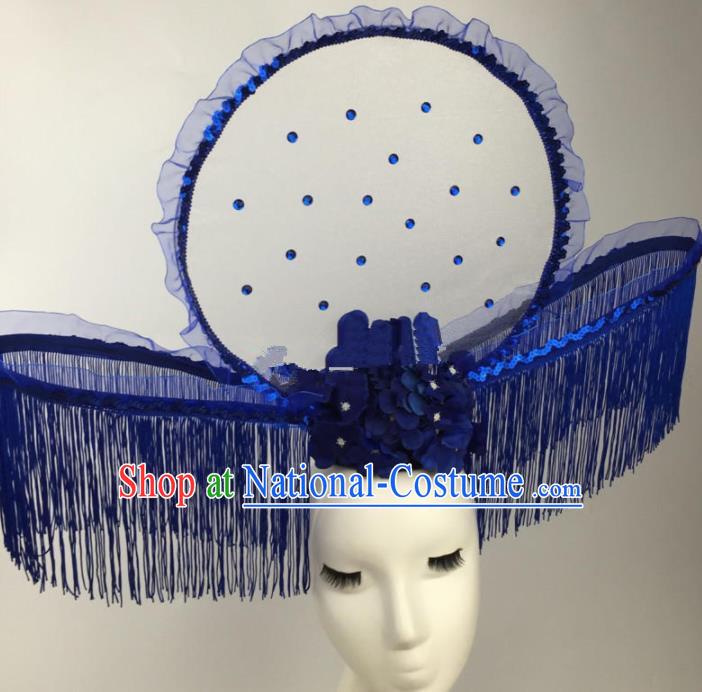 Chinese Traditional Catwalks Blue Flowers Tassel Headdress Palace Exaggerated Hair Accessories for Women