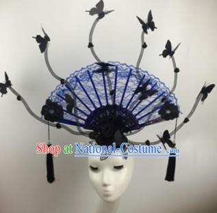 Chinese Traditional Catwalks Blue Lace Butterfly Headdress Palace Exaggerated Hair Accessories for Women