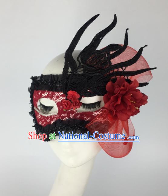 Halloween Exaggerated Accessories Catwalks Red Lace Peony Masks for Women