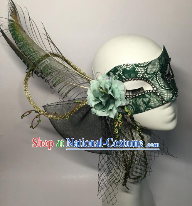 Halloween Exaggerated Accessories Catwalks Green Lace Feather Masks for Women