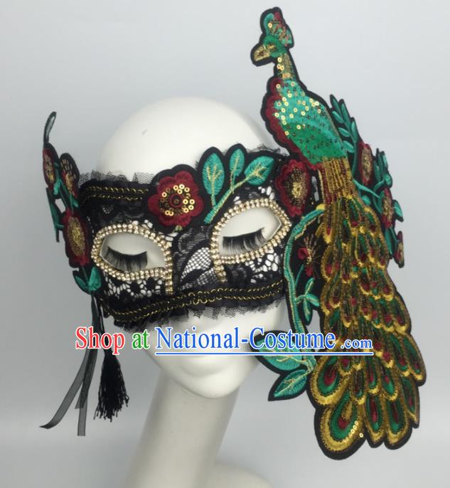 Halloween Exaggerated Accessories Catwalks Green Embroidered Peacock Masks for Women