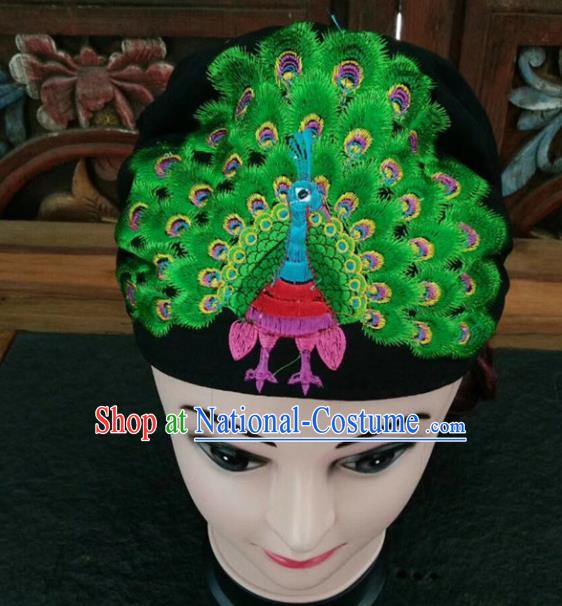 Chinese Traditional National Hat Ethnic Yi Nationality Embroidered Green Peacock Kerchief for Women