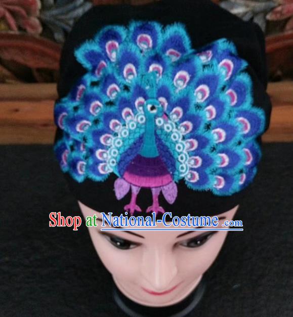 Chinese Traditional National Hat Ethnic Yi Nationality Embroidered Blue Peacock Kerchief for Women