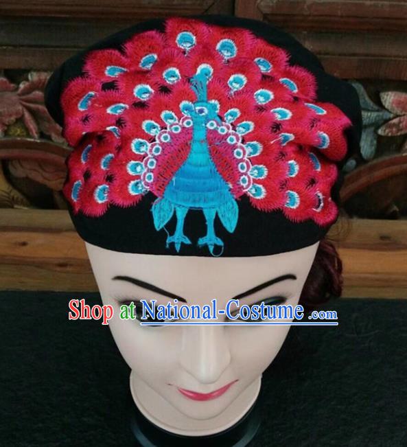 Chinese Traditional National Hat Ethnic Yi Nationality Embroidered Red Peacock Kerchief for Women