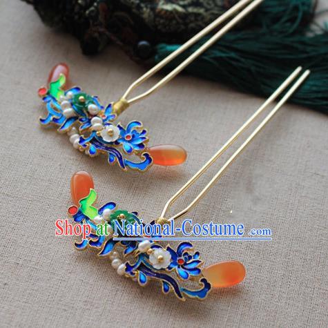 Asian Chinese Traditional Hair Accessories Ancient Hanfu Blueing Hairpins for Women