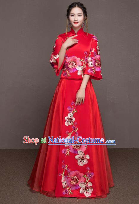 Chinese Traditional Embroidered Peach Blossom Wedding Costumes Ancient Bride Red Dress for Women