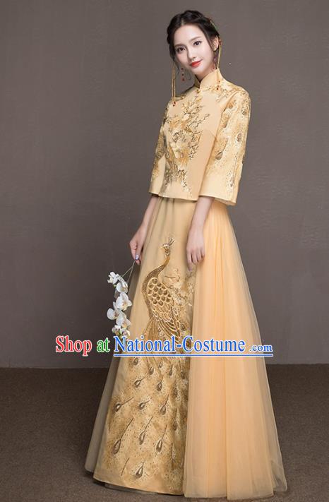 Chinese Traditional Wedding Costumes Ancient Bride Embroidered Peacock Yellow Dress for Women