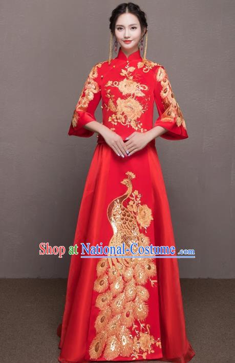 Chinese Traditional Wedding Costumes Ancient Bride Embroidered Peacock Red Xiuhe Suits for Women