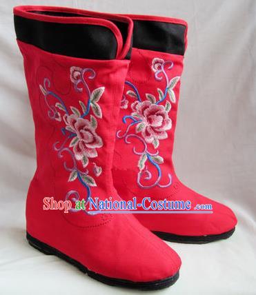 Asian Chinese Traditional Hanfu Shoes Ethnic Handmade Embroidered Red Boots for Women