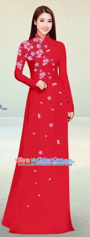 Asian Vietnam Traditional Red Cheongsam Vietnamese Classical Ao Dai Qipao Dress for Women