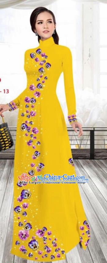 Asian Vietnam Traditional Female Costume Vietnamese Printing Ginger Cheongsam Ao Dai Qipao Dress for Women