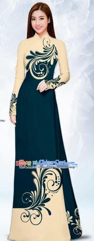 Asian Traditional Vietnam Female Costume Vietnamese Bride Peacock Blue Ao Dai Cheongsam for Women