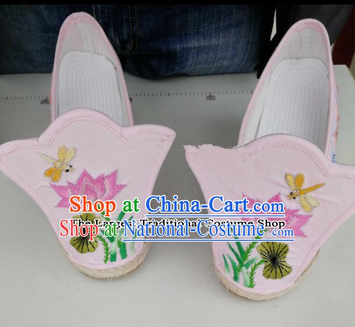 Chinese Traditional Hanfu Pink Shoes Embroidered Lotus Shoes Handmade Cloth Shoes for Women