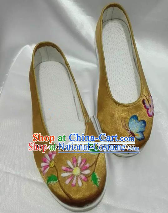 Chinese Traditional Hanfu Shoes Embroidered Peony Shoes Handmade Golden Satin Shoes for Women