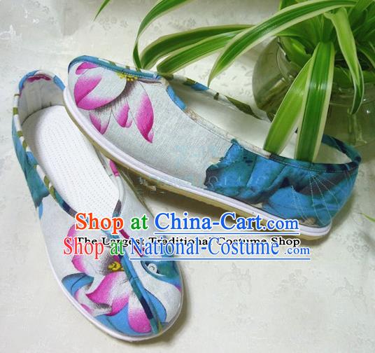 Chinese Traditional Hanfu Shoes Printing Lotus Shoes Handmade Cloth Shoes for Women