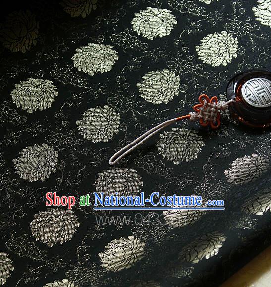 Traditional Asian Classical Lotus Pattern Cloth Drapery Black Brocade Korean Hanbok Palace Satin Silk Fabric