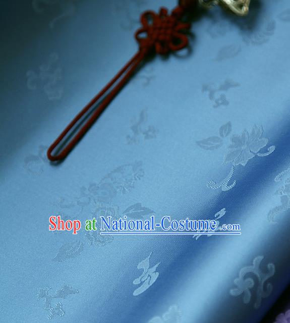 Traditional Asian Classical Chrysanthemum Pattern Blue Brocade Cloth Drapery Korean Hanbok Palace Satin Silk Fabric