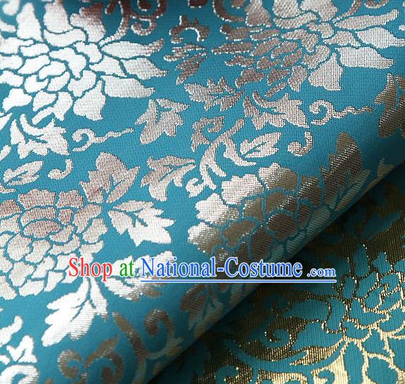 Traditional Asian Classical Gilding Pattern Blue Brocade Cloth Drapery Korean Hanbok Palace Satin Silk Fabric