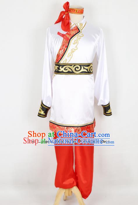 Chinese Traditional Mongolian Folk Dance Clothing Classical Dance White Costume for Men