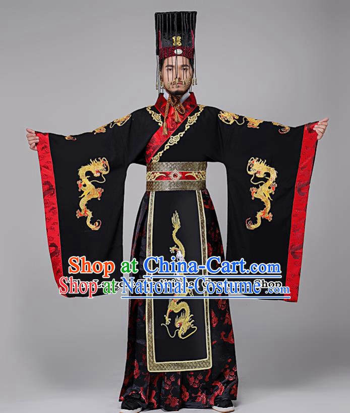 Traditional Chinese Drama Qin Dynasty First Emperor Costumes Ancient Emperor Imperial Robe and Headwear for Men