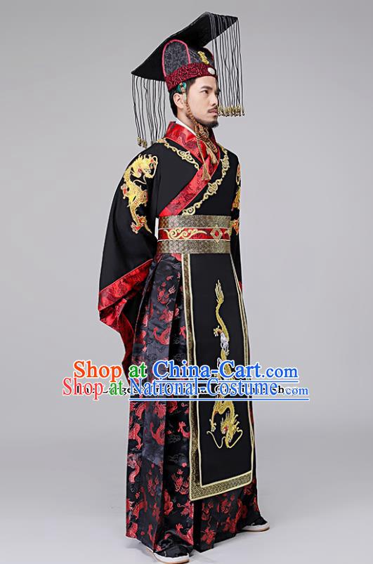 Traditional Chinese Drama Qin Dynasty First Emperor Costumes Ancient Emperor Imperial Robe and Headwear for Men