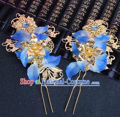 Chinese Traditional Hair Accessories Hair Clip Ancient Princess Blue Flowers Hairpins for Women