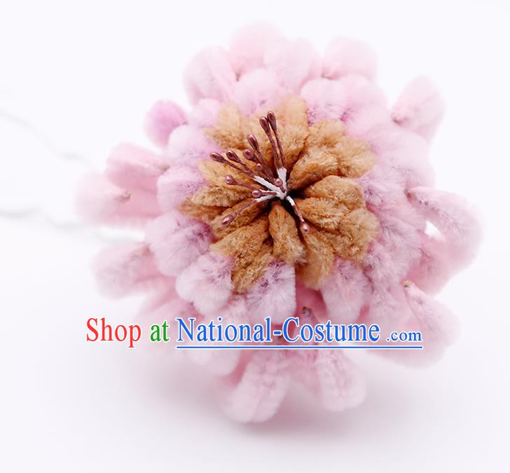 Chinese Traditional Hair Accessories Ancient Princess Pink Velver Chrysanthemum Hairpins for Women