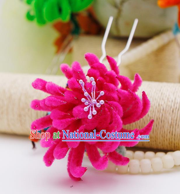 Chinese Traditional Hair Accessories Ancient Princess Rosy Velver Chrysanthemum Hairpins for Women