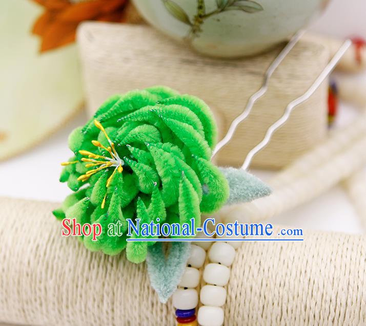 Chinese Traditional Hair Accessories Ancient Princess Green Velver Chrysanthemum Hairpins for Women