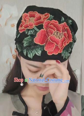 Chinese Traditional Embroidered Red Peony Headscarf Yunnan Dai Minority Hat for Women