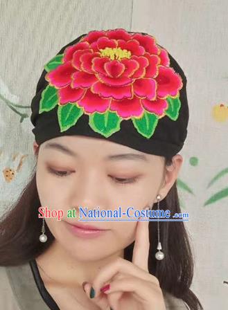 Chinese Traditional Embroidered Peony Headscarf Yunnan Dai Minority Hat for Women