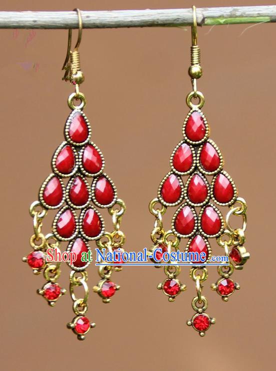 Chinese Traditional Red Crystal Earrings Yunnan National Minority Ear Accessories for Women