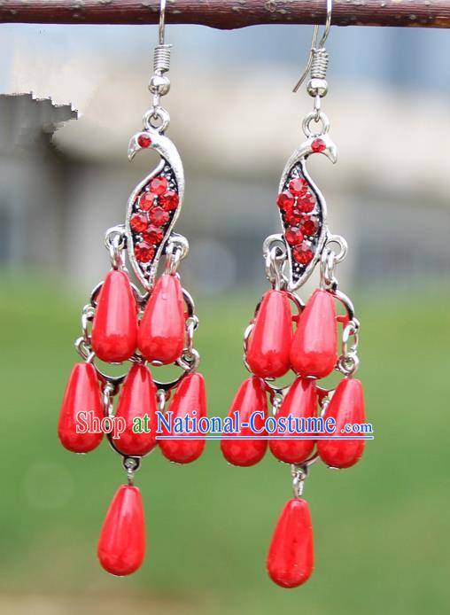 Chinese Traditional Red Peacock Tassel Earrings Yunnan National Minority Ear Accessories for Women