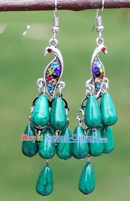 Chinese Traditional Green Peacock Tassel Earrings Yunnan National Minority Ear Accessories for Women