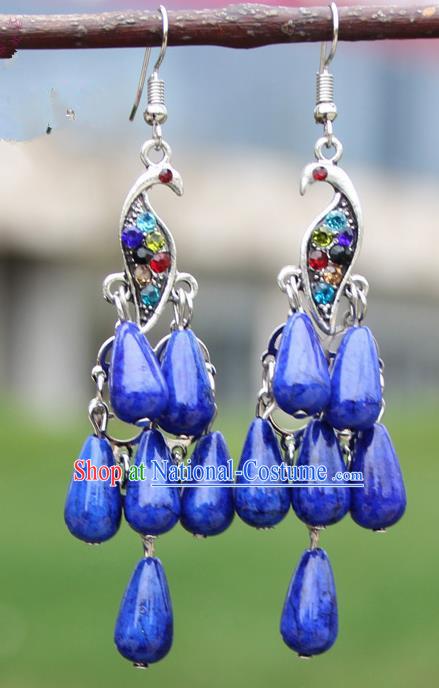 Chinese Traditional Royalblue Peacock Tassel Earrings Yunnan National Minority Ear Accessories for Women