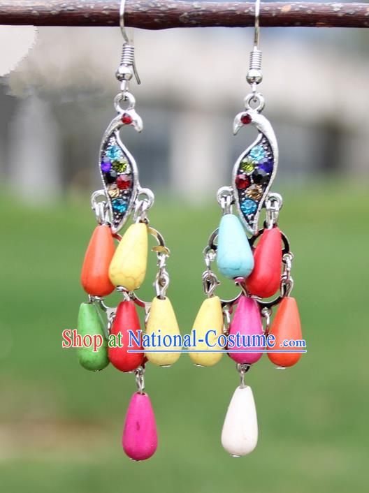 Chinese Traditional Colorful Peacock Tassel Earrings Yunnan National Minority Ear Accessories for Women