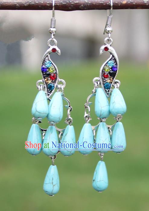 Chinese Traditional Light Blue Peacock Tassel Earrings Yunnan National Minority Ear Accessories for Women