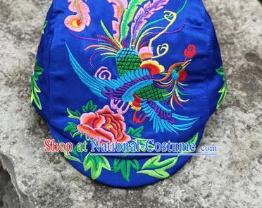 Chinese Traditional Embroidered Phoenix Peony Yunnan Dai Minority Royalblue Cap for Women