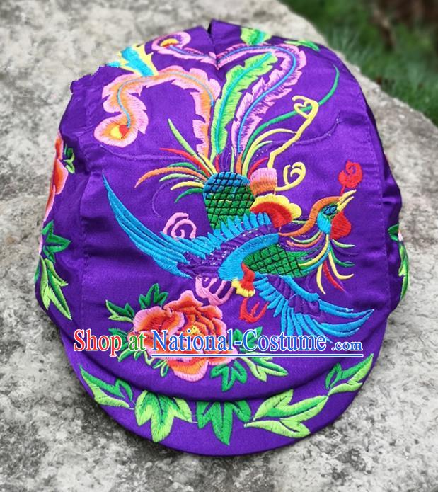 Chinese Traditional Embroidered Phoenix Peony Yunnan Dai Minority Purple Cap for Women